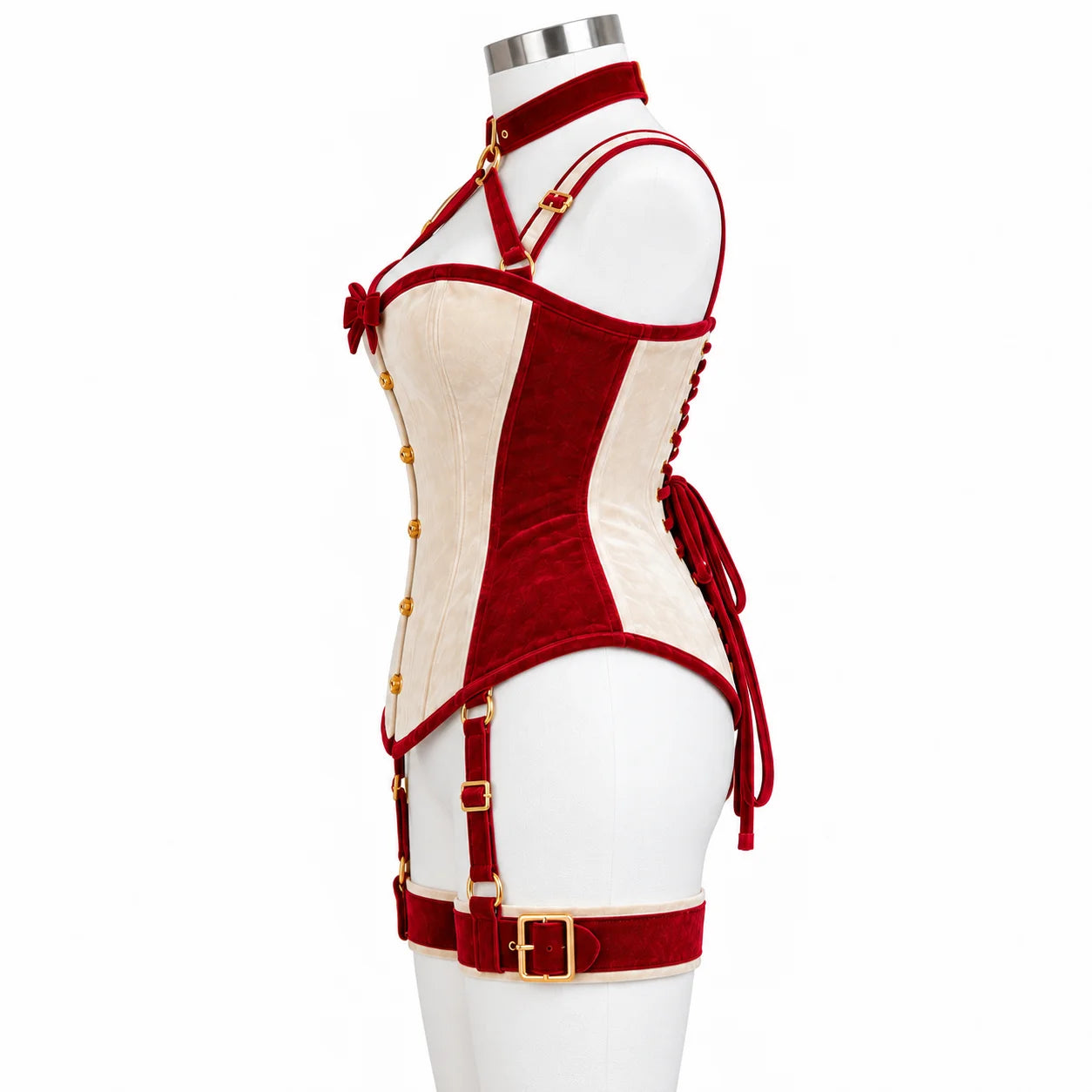 Side profile of the structured velvet corset harness showing cranberry panels, adjustable straps and rear lacing