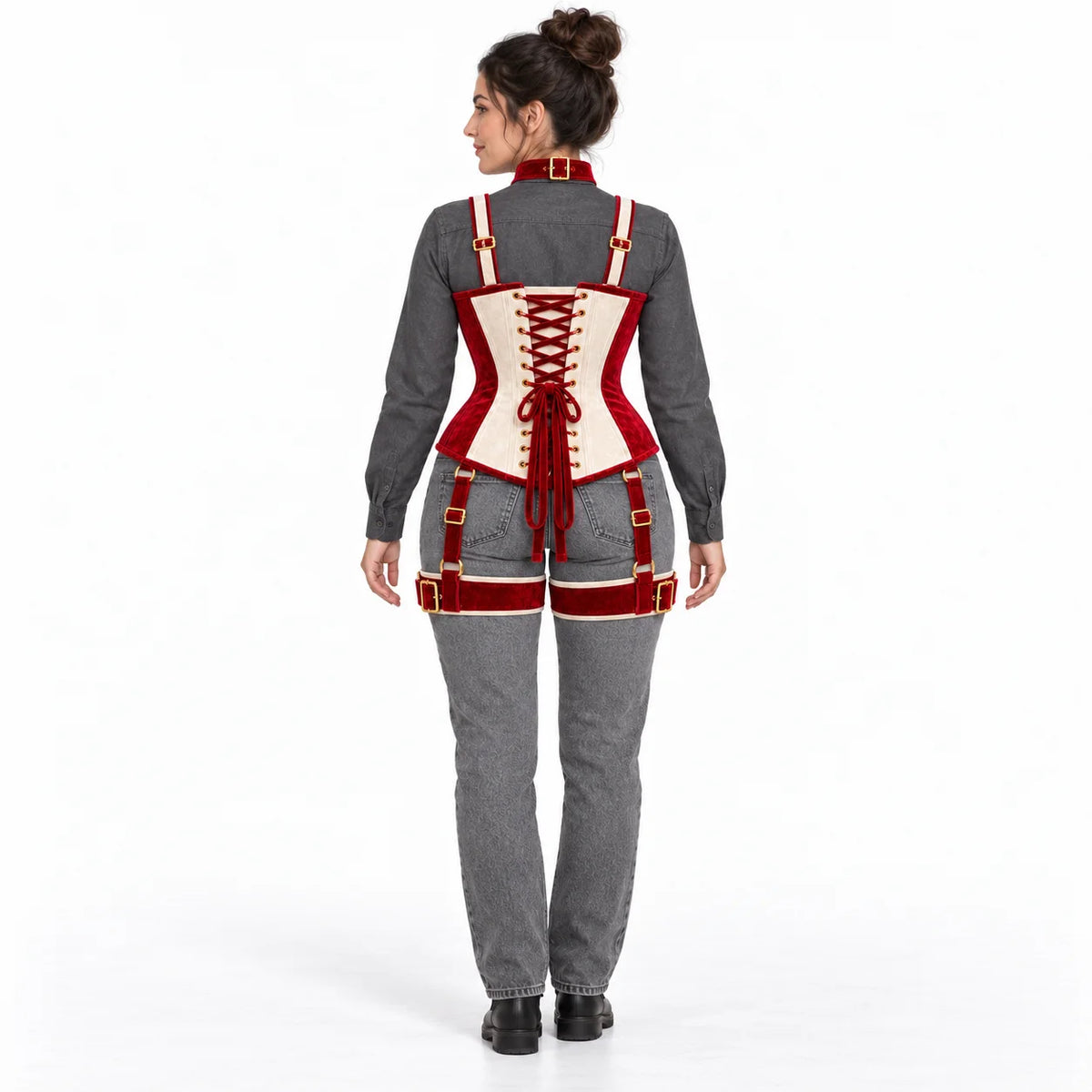 Woman viewed from behind wearing the Ivory Bow corset harness, with visible criss-cross lacing and thigh bands