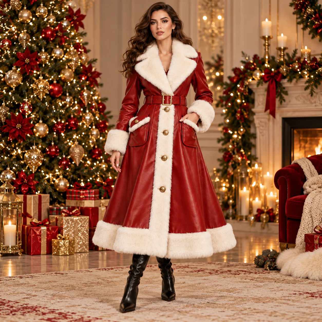Model wearing a long red leather Christmas coat with white faux fur trim and a matching belt beside a decorated Christmas tree.