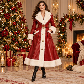 Model wearing a long red leather Christmas coat with white faux fur trim and a matching belt beside a decorated Christmas tree.
