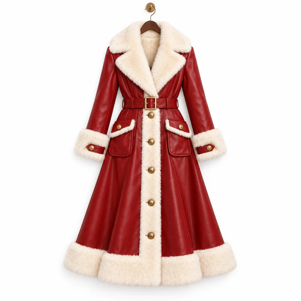 Front view of women's red leather Christmas coat showing white faux fur lapels, gold-tone buttons and belted A-line silhouette.