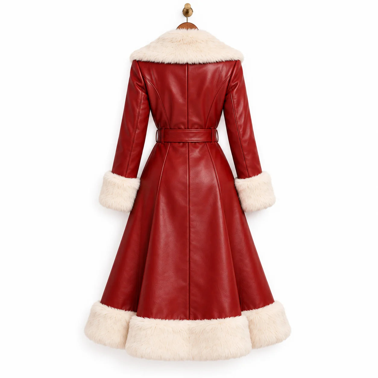 Rear view of long red leather Christmas coat displaying the centre back seam, belted waist and wide ivory faux fur hem.