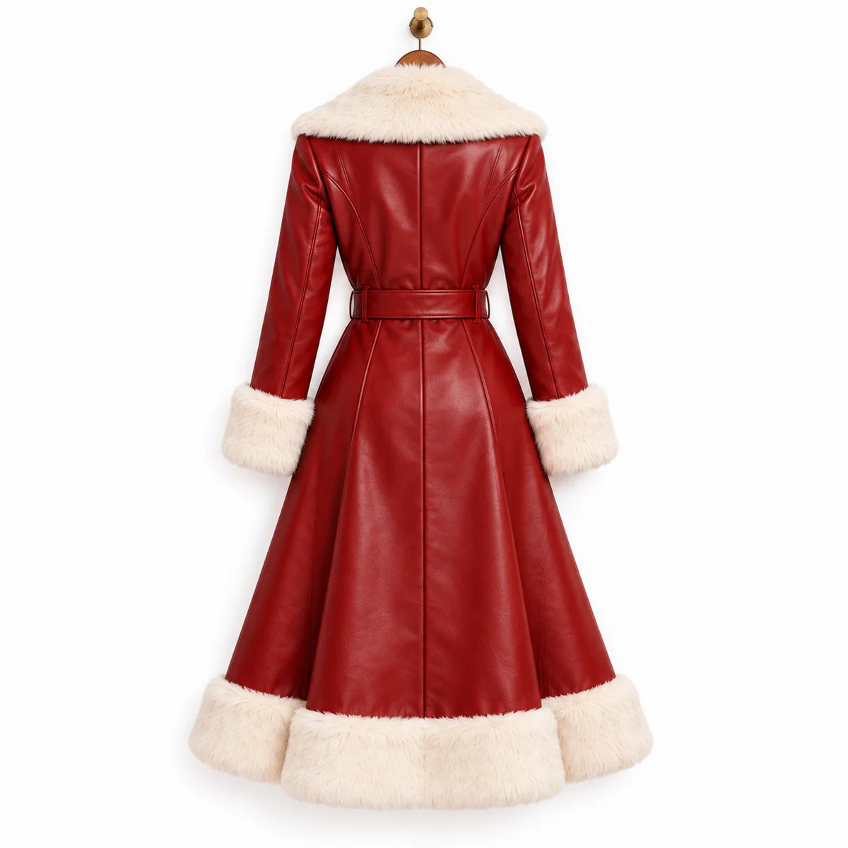 Rear view of long red leather Christmas coat displaying the centre back seam, belted waist and wide ivory faux fur hem.