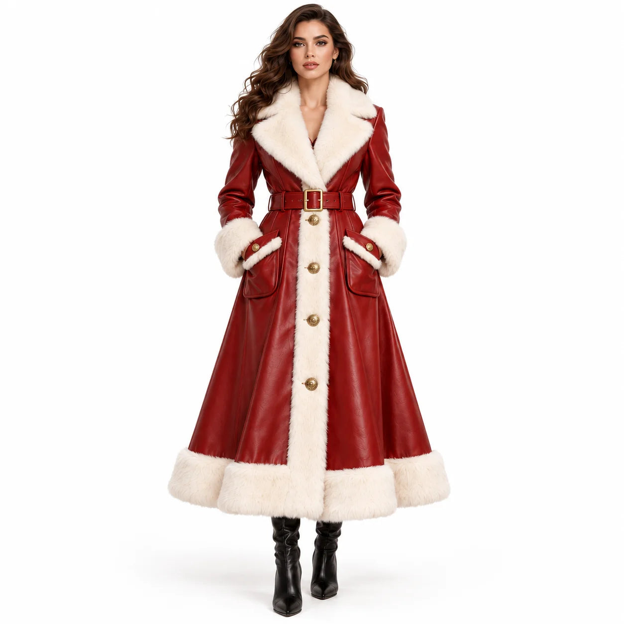 Full-length front view of a woman wearing a belted red leather Christmas coat with white faux fur trim against a white backdrop.