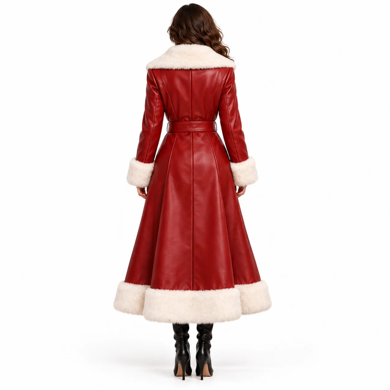 Back view of a woman modelling a long red leather coat with a shaped waist, centre seam and wide white faux fur hem.