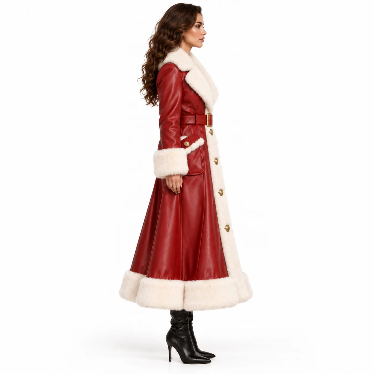 Side view of a model wearing a red leather long coat with white faux fur collar, belted waist and flared hem.