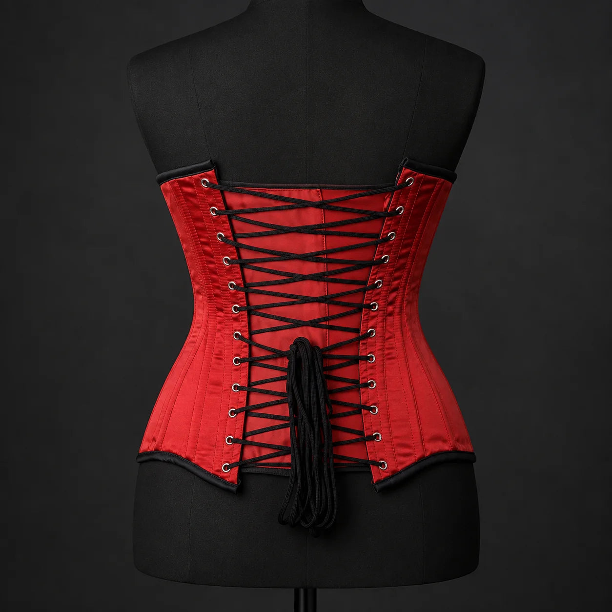 Back studio view of red satin corset with black adjustable lacing, metal-look eyelets and structured waist