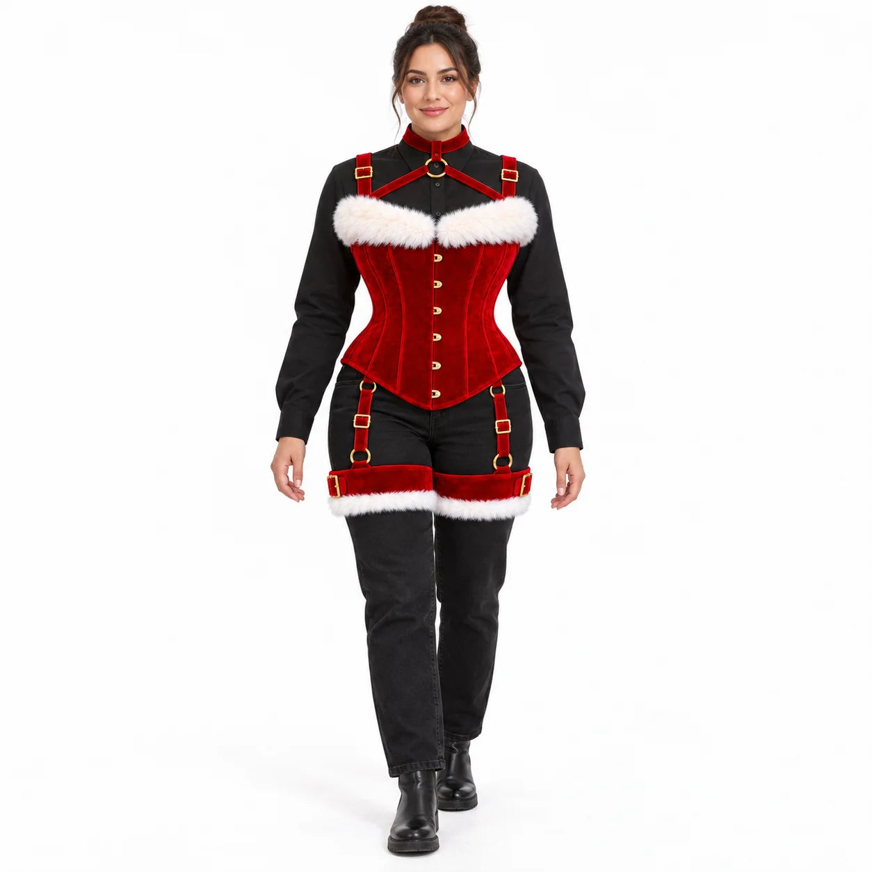 Full-length front view of model wearing a Christmas red velvet corset harness with decorative thigh bands over black clothing.