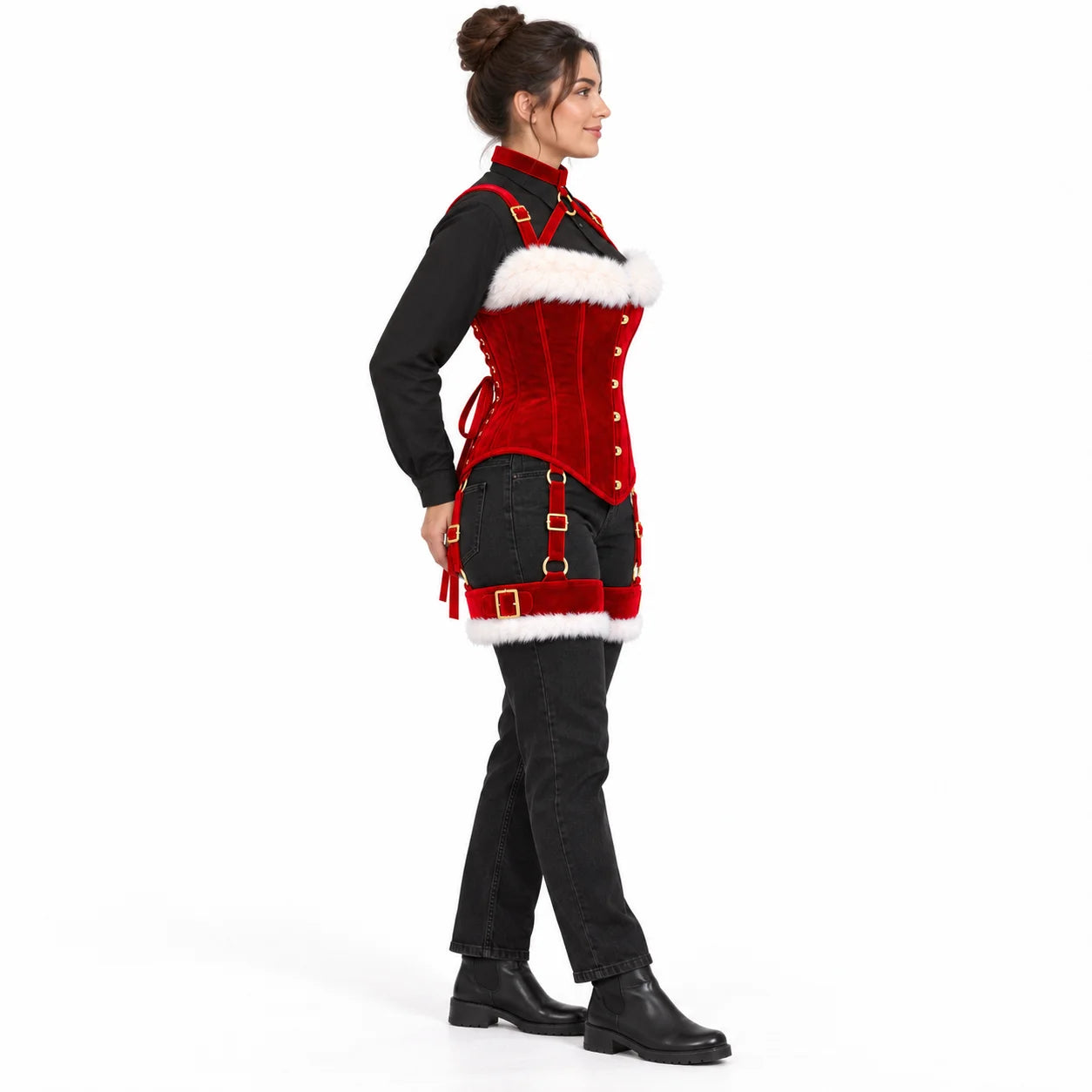 Side mannequin view of Christmas velvet corset harness showing curved bust panels, rear lacing and adjustable thigh straps.