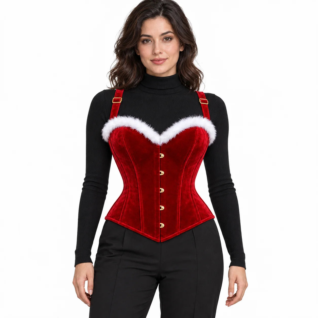 Front studio view of woman wearing a festive red velvet corset with white fluffy neckline and black trousers.