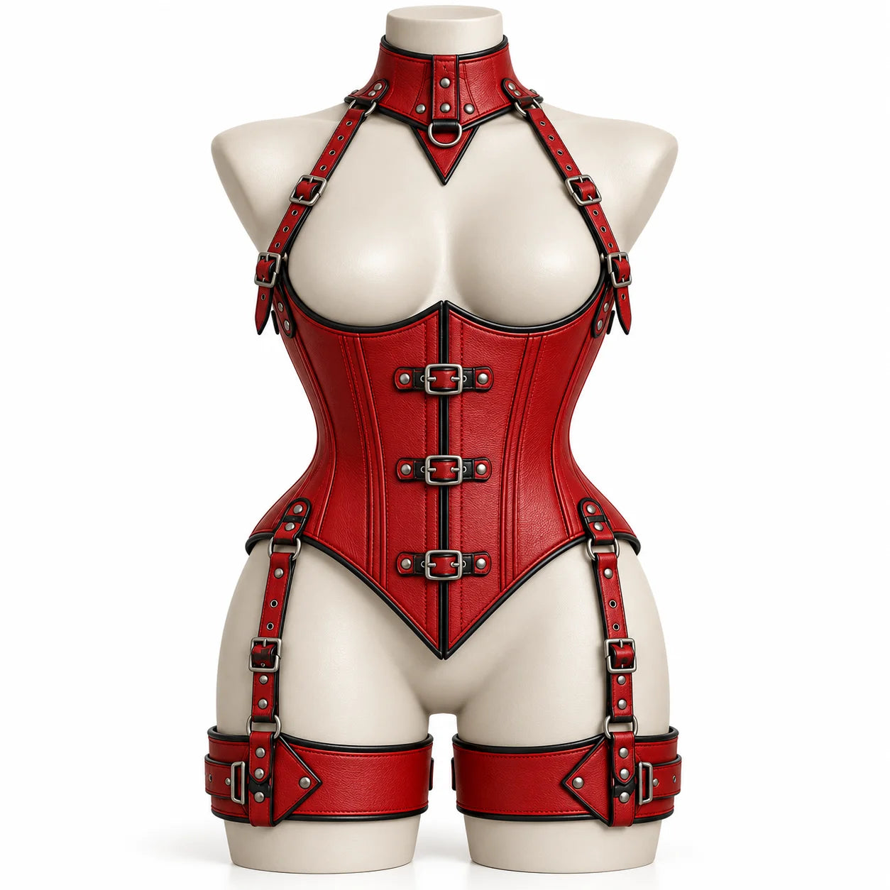 Front view of scarlet red cowhide leather underbust corset with three buckles, high Gothic neck collar and matching thigh cuffs.