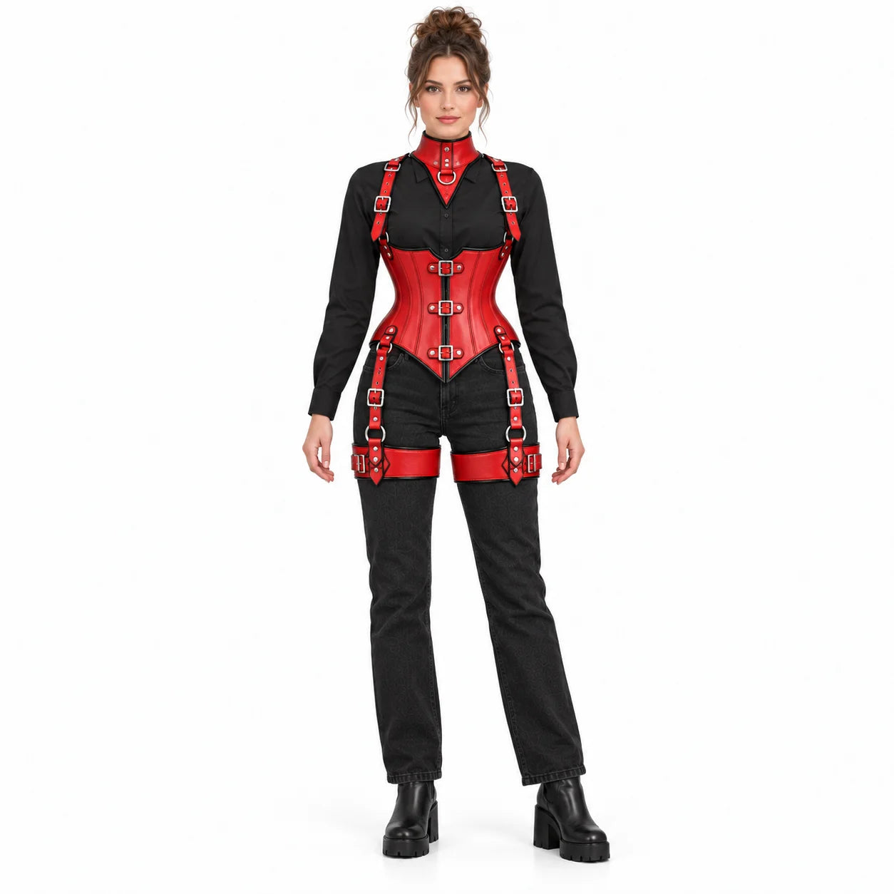 Full-length front studio view of woman wearing red Gothic corset harness with black shirt, dark trousers and leather thigh straps.