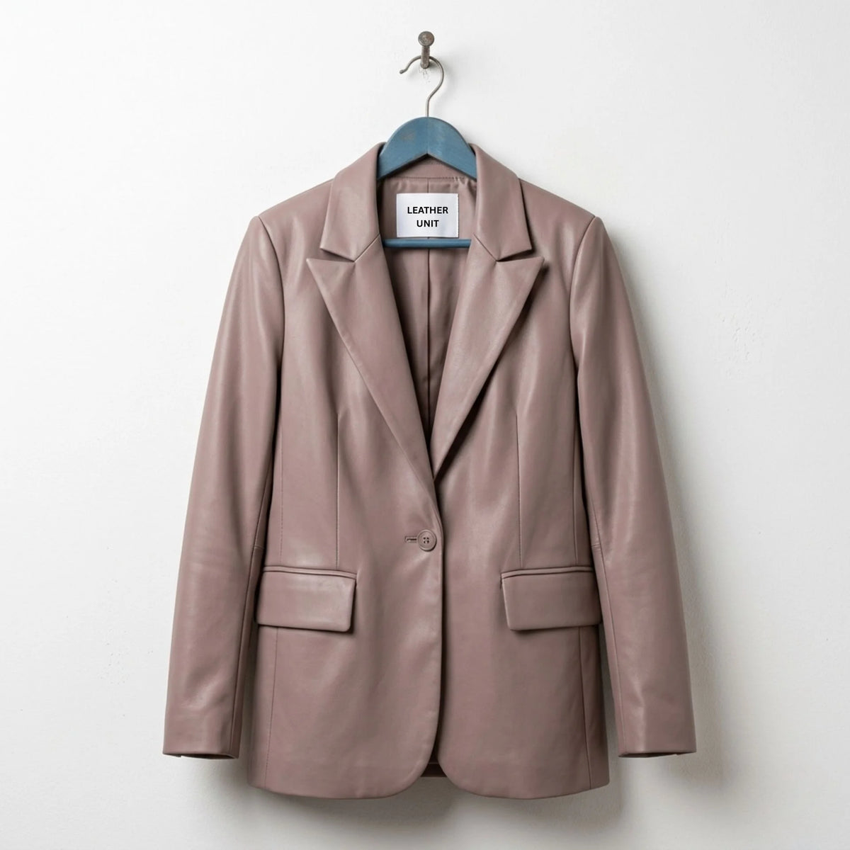 Front view of Leather Unit women’s taupe leather blazer with single button