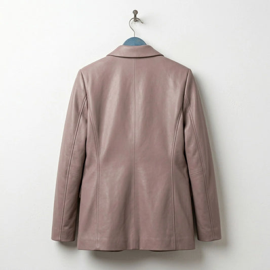 Back view of women’s taupe leather blazer showing tailored seams
