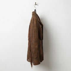 Side profile of women’s vintage brown fringe leather jacket
