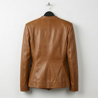 Back view of tailored caramel brown leather jacket for women