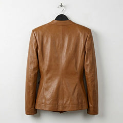 Back view of tailored caramel brown leather jacket for women
