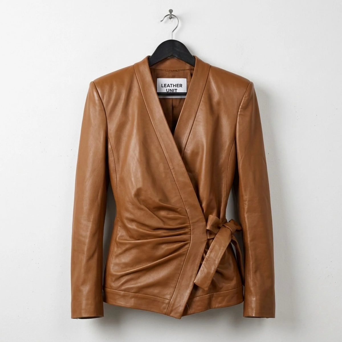 Front view of womens wrap V neck brown leather jacket by Leather Unit