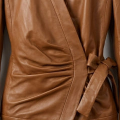 Ruched front and side tie belt detail on womens wrap leather jacket